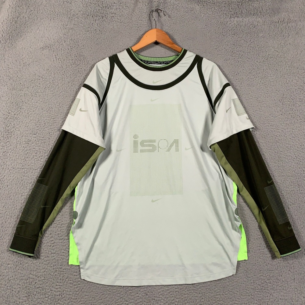Nike ISPA NRG Long Sleeve Shirt Men's Large L Grey Olive Neon Lime Tech Athletic
